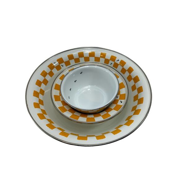 The Golden Rabbit II Joan Wilkes Gold Checkers & Ants‎ Enamelware Bowls Set of 3 - Picture 1 of 14